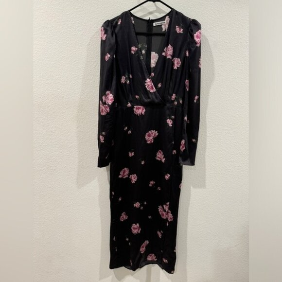 Reformation 100% Silk Toronto Black Pink Purple Floral Faux Wrap Midi Dress 4 - Picture 1 of 16